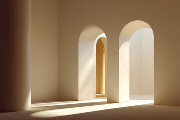 Minimalist arch interior with curved shadows, soft natural light, and warm beige tones creates calm, serene atmosphere in modern architectural space