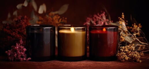 Three candles, dark amber, light brown, and crimson, sit on a burgundy surface, surrounded by dried botanicals