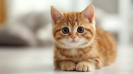 Adorable ginger kitten with captivating large eyes gazing directly, showcasing its playful innocence and charming curiosity while resting comfortably indoors on a bright surface.