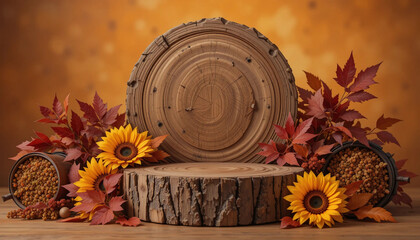 Fototapeta premium Old rusty metal gear wheels surrounded by vibrant summer flowers including sunflowers and chrysanthemums in a natural garden setting