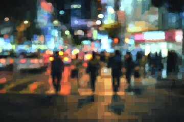 Fototapeta premium Pedestrians cross busy street at night with blurred city background. Concept urban