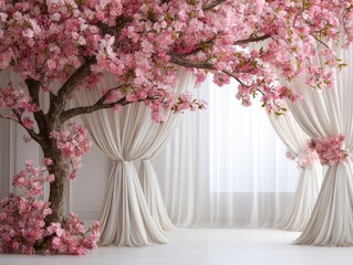 Pink cherry blossom tree in a light-filled room with sheer curtains