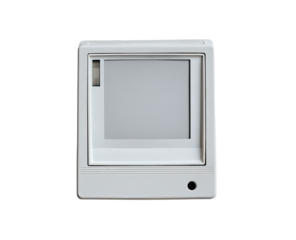 Square, white plastic casing with a blank screen
