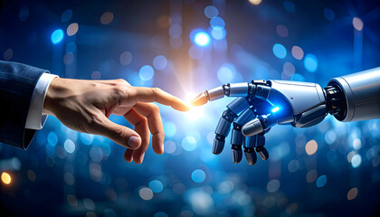 A hand connecting a light bulb with technology and global communication in a blue abstract background