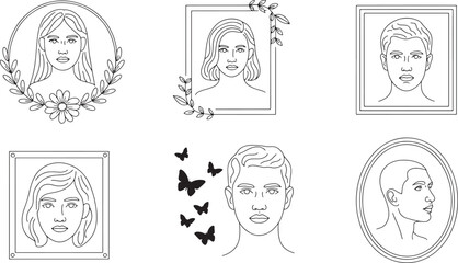 Line Art Portraits of Men and Women in Frames with Floral and Butterfly Accents