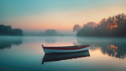A boat on a calm river at dawn with mist and trees, during early morning. Serene landscape scene.