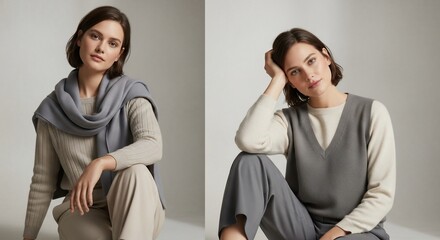 Fashion diptych of a woman in sophisticated, comfortable grey and beige knitwear outfits.