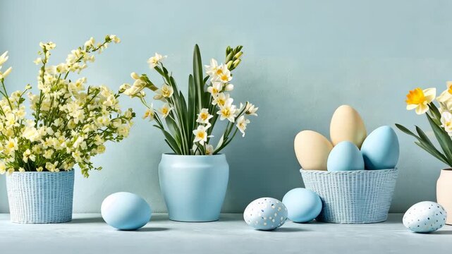 Spring flowers and easter eggs arrangement with vibrant colors and festive decor