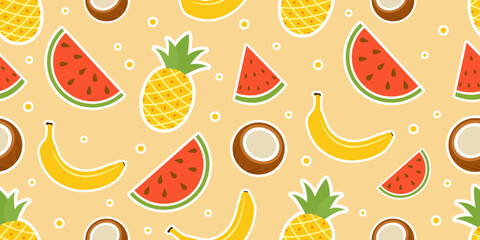 Colorful Seamless Tropical Fruit Pattern with Watermelon, Banana, Pineapple and Coconut on Yellow Background