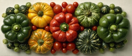 Assorted heirloom squashes and cherry tomatoes flat lay