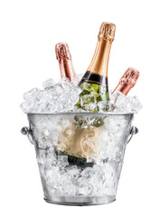 Chilled champagne bottles in ice bucket