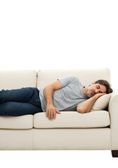 Fototapeta premium Isolated Photo Man Sleeping Peacefully on White Sofa