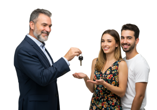 Isolated Photo of Realtor Giving Keys to Happy Couple
