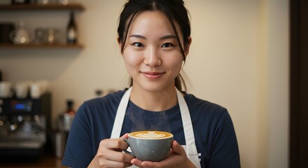 Asian barista holding a latte with latte art in a cafe setting smiling softly