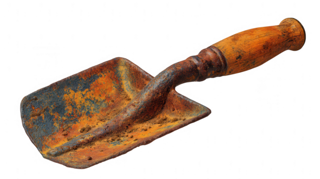 Isolated rusty garden trowel with wooden handle showcases weathered gardening tool on transparent background