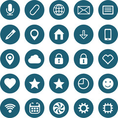 Collection of twenty five circular icons depicting various common digital and communication symbols