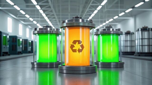 Futuristic batteries in a recycling facility, showcasing vibrant colors and a focus on sustainability and energy storage.