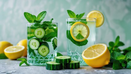 Fototapeta premium Fresh cucumber and lemon-infused water with mint, lemon halves, slices, and whole lemons on a textured surface. Refreshing and healthy beverage concept.