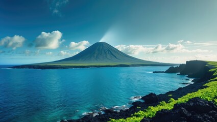 A mountain overlooking the sea with lush green coastline, under a partly cloudy sky.