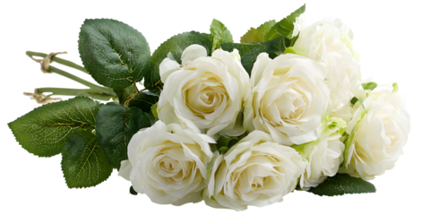 Delicate ivory artificial roses in full bloom with soft cream petals and lush green leaves creating an elegant dÃ©cor for any setting.