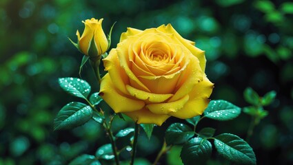 Yellow rose with dew drops in a lush green garden background. Beautiful blooming flower and fresh foliage. Close-up of a yellow rose in natural surroundings.