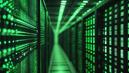 Green data lines inside a data server room or data center, representing digital information or network technology.
