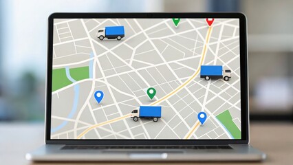 A laptop displaying a map with blue trucks and location markers, illustrating logistics or delivery tracking.