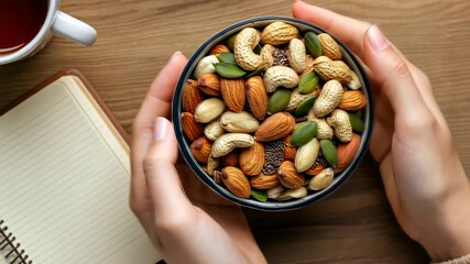 Hands presenting bowl of mixed nuts with notebook on wooden table - Powered by Adobe