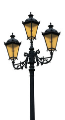 Isolated Photo of Ornate Vintage Street Lamp at Night on a Transparent Background