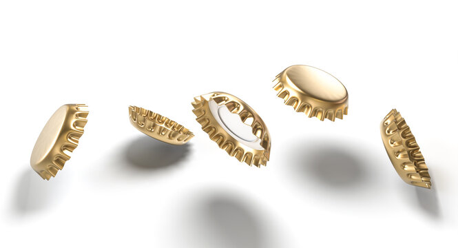 Five golden bottle caps 3d white background