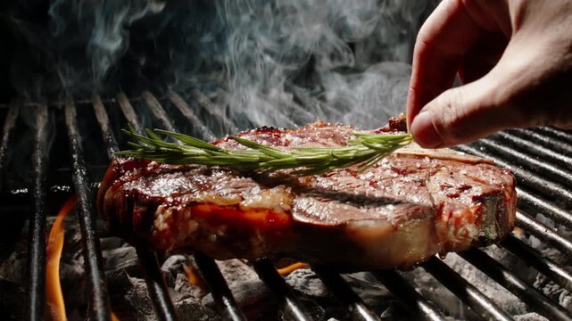 BBQ T-bone Steak Grilling over Open Fire with Flames and Smoke, 4K Slow Motion