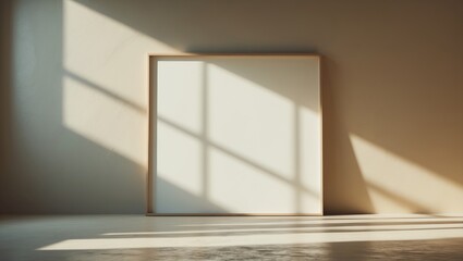 Fototapeta premium Empty picture frame leaning against a wall with sunlight and shadows creating geometric patterns.