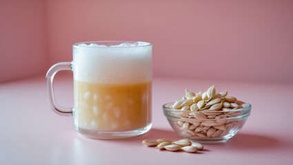 A mug of frothy coffee or tea next to a bowl of sliced almonds on a pink background.