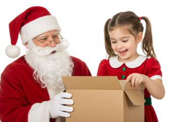 Isolated Photo Santa Claus and Girl Opening Christmas Gift