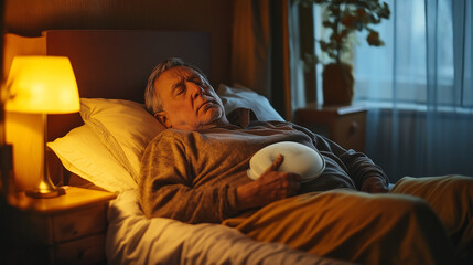Elderly man resting in bed with heating pad