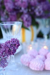 Beautiful lilac flowers, zephyrs and glass on table in garden, closeup. Space for text