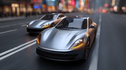 Futuristic Autonomous Vehicles Racing on Urban Streets Night Time Digital Art Modern City Environment Low Angle View