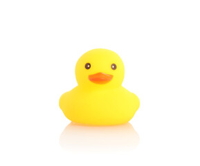 One cute rubber duck on mirror surface against white background
