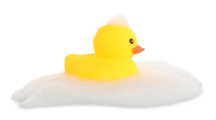One cute rubber duck and foam isolated on white