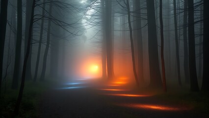 A mystical forest with two glowing paths diverging under golden hour light, creating an ethereal atmosphere.