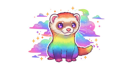 Naklejka premium Rainbow Ferret Pixel Art Illustration with Cloud Background