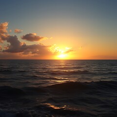 Naklejka premium Golden sunset over calm ocean waves with dramatic clouds