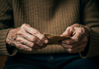 Elderly man's hands holding a note while seated indoors  