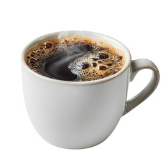 White ceramic mug filled with dark coffee, subtly steaming and lit from above, isolated on transparent background for clean beverage design use. --v 7.0 --s 250 --raw