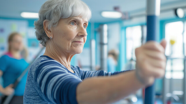 Senior woman exercising with resistance band indoors