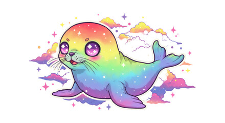 Rainbow Pixel Art Baby Seal with Stars and Clouds