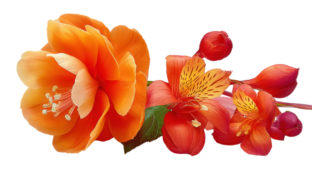 Bleeding Heart Fuchsia and Impatiens, studio photograph of vibrant hanging blooms with delicate forms, with transparent background