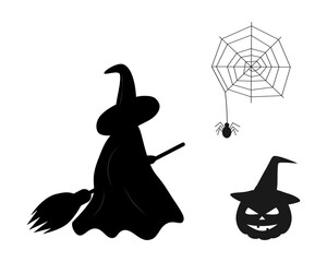 Silhouette Witch with broom Spider on cobweb Halloween Pumpkin in Witch Hat Minimalist Sticker Icon