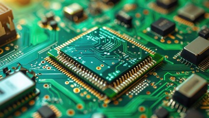 Close-up of a printed circuit board with a central microchip and various electronic components.