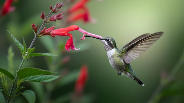 A hummingbird gracefully feeding on nectar from a red flower in its natural habitat - Powered by Adobe